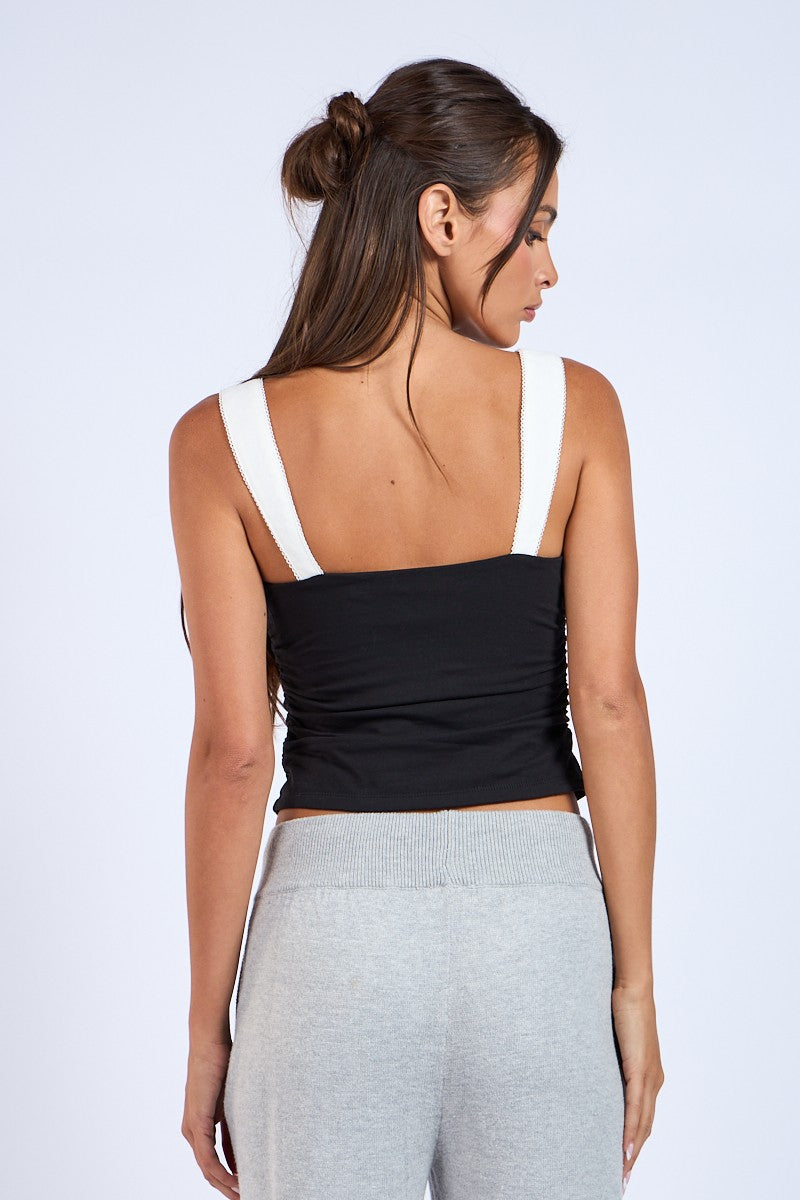 Black Solid Body White Point Strap Crop Top