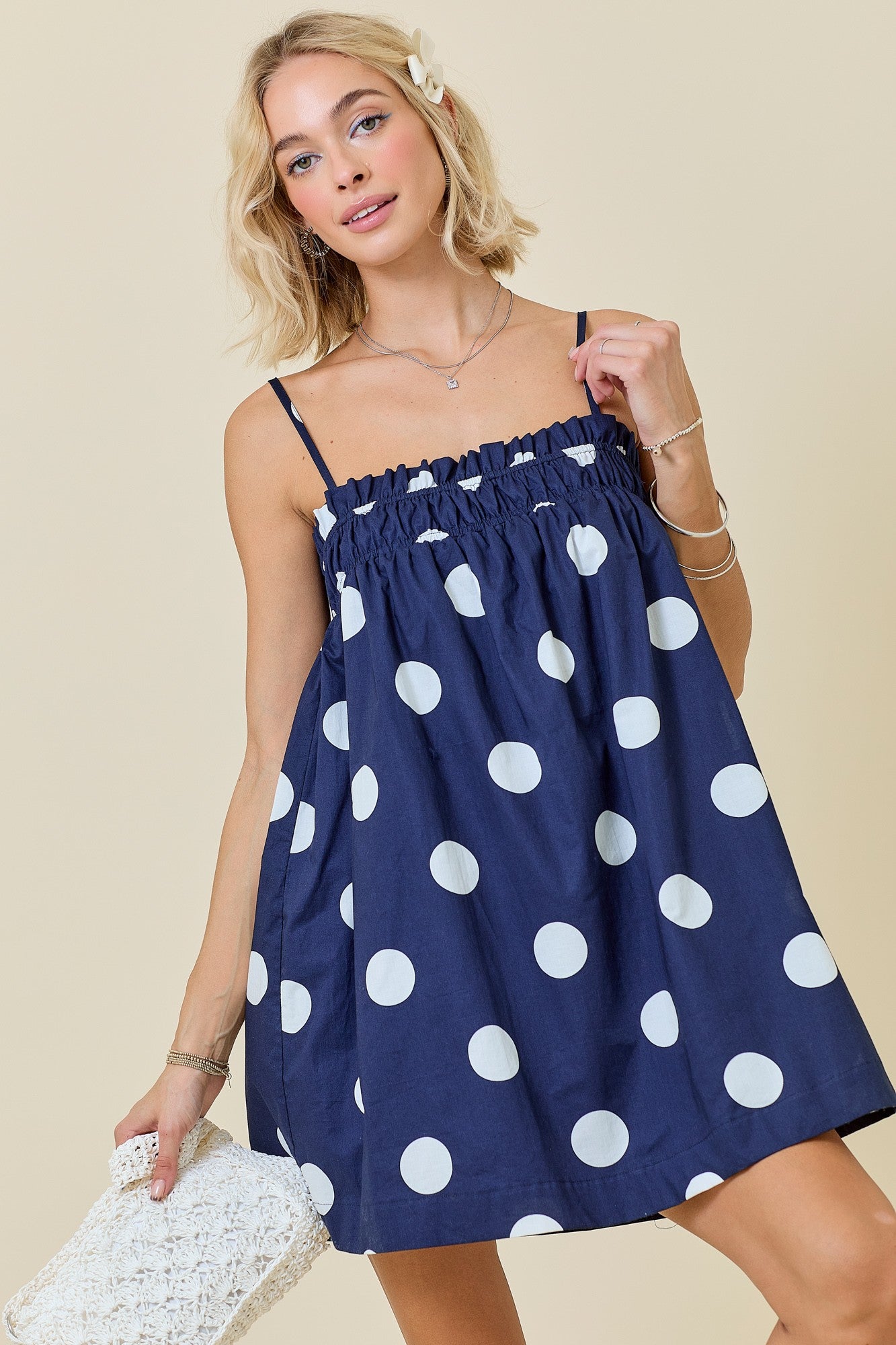 Polkadots Mini Dress With Elasticised Neckline
