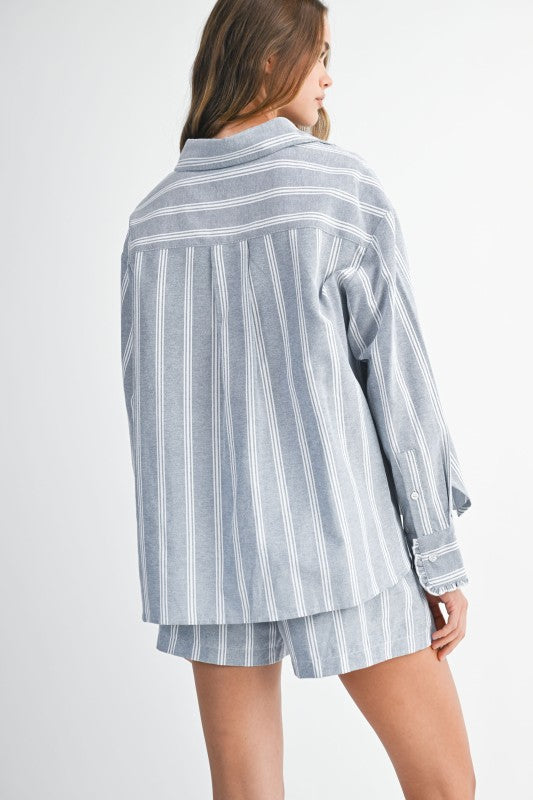 Pin Stripe Button Down Shirt Top And Shorts Set