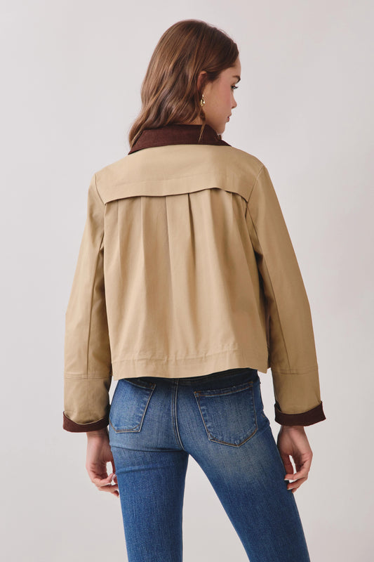 Contrast Corduroy Zip Up Front Cropped Jacket