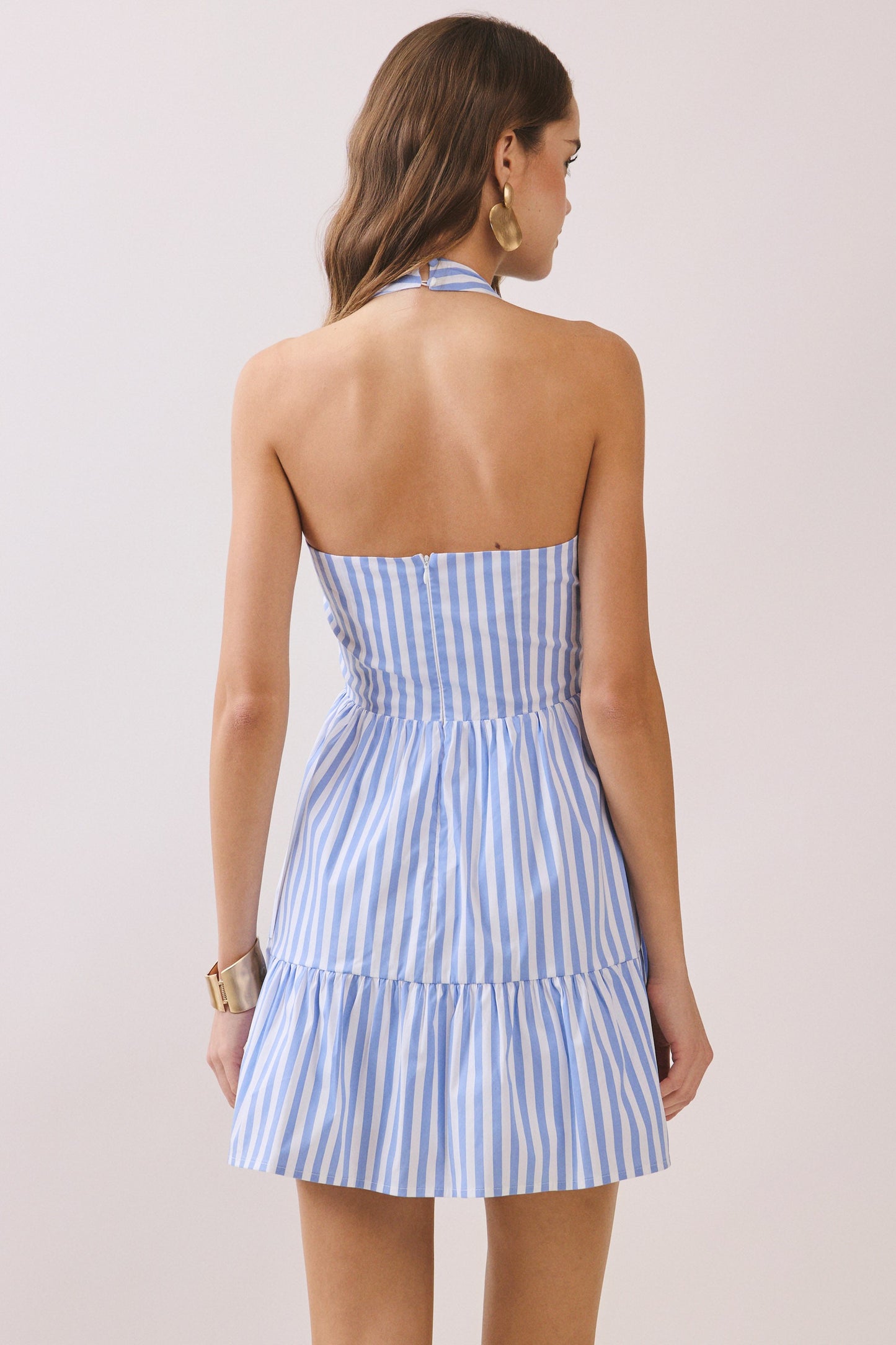 Striped Fitted Bodice Deep V Neck Halter Dress