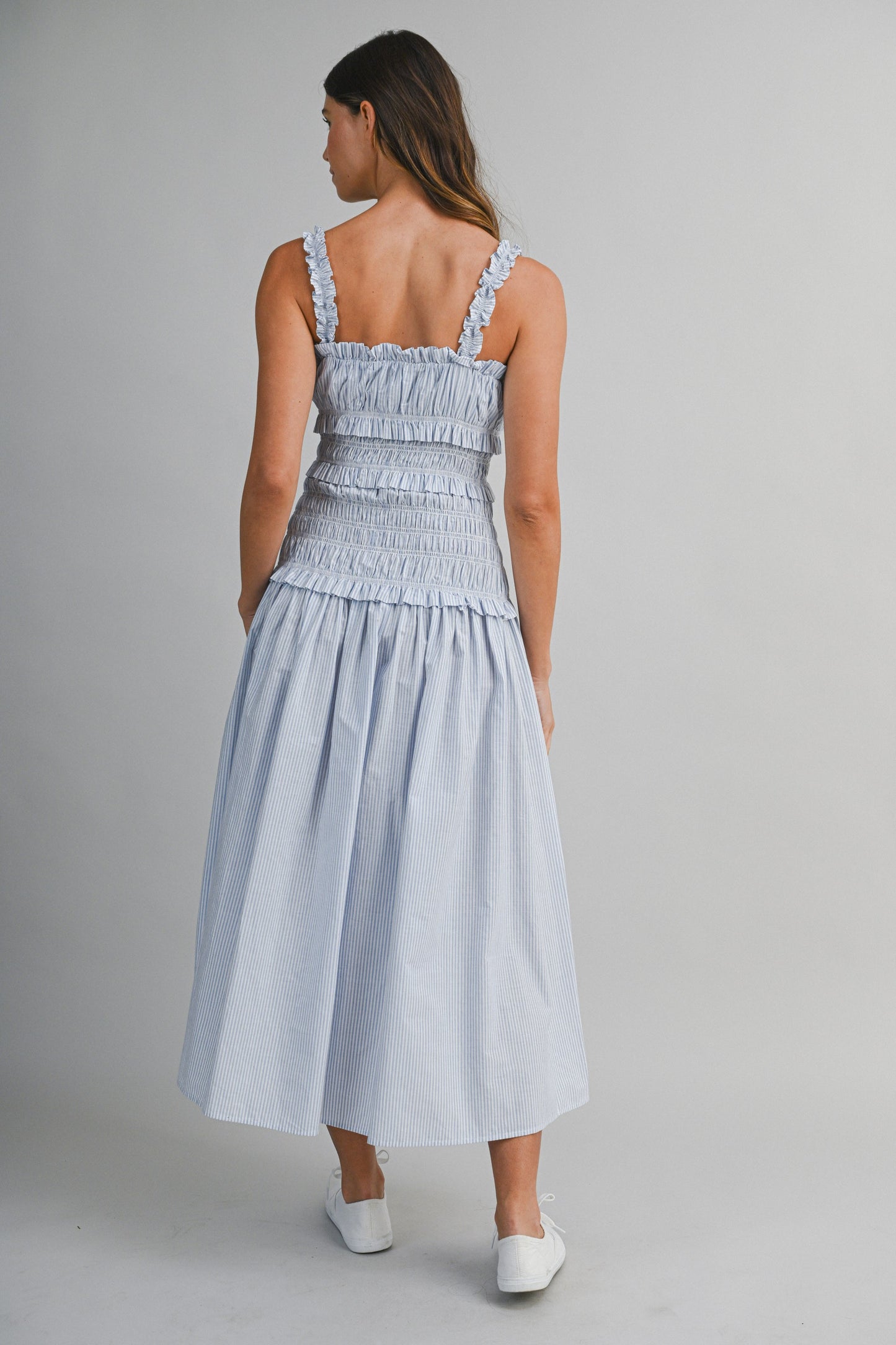 Striped Ruffle Smock Midi Dress