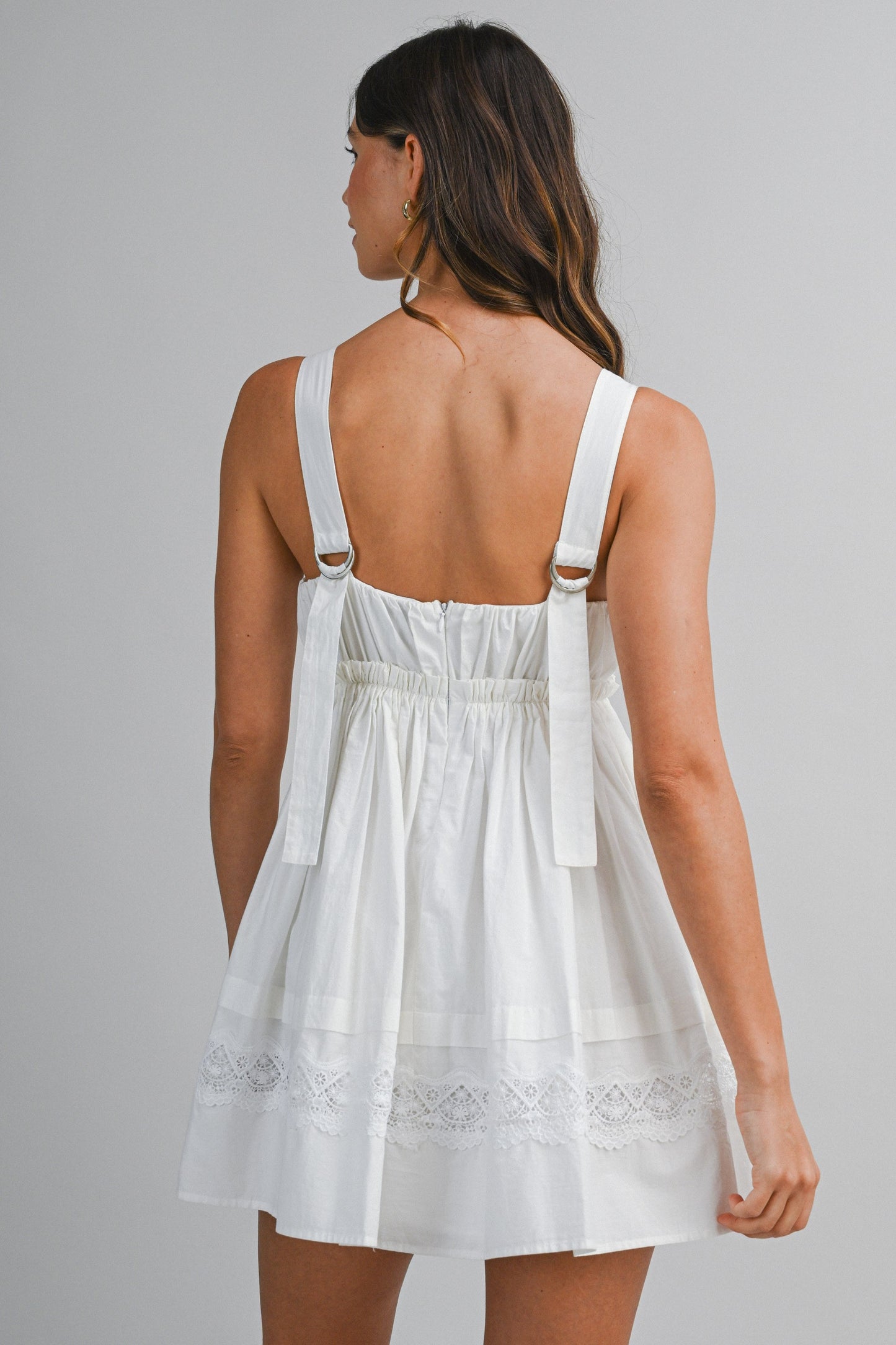 Eyelet Lace Trim Gathered Empire Waist Mini Dress