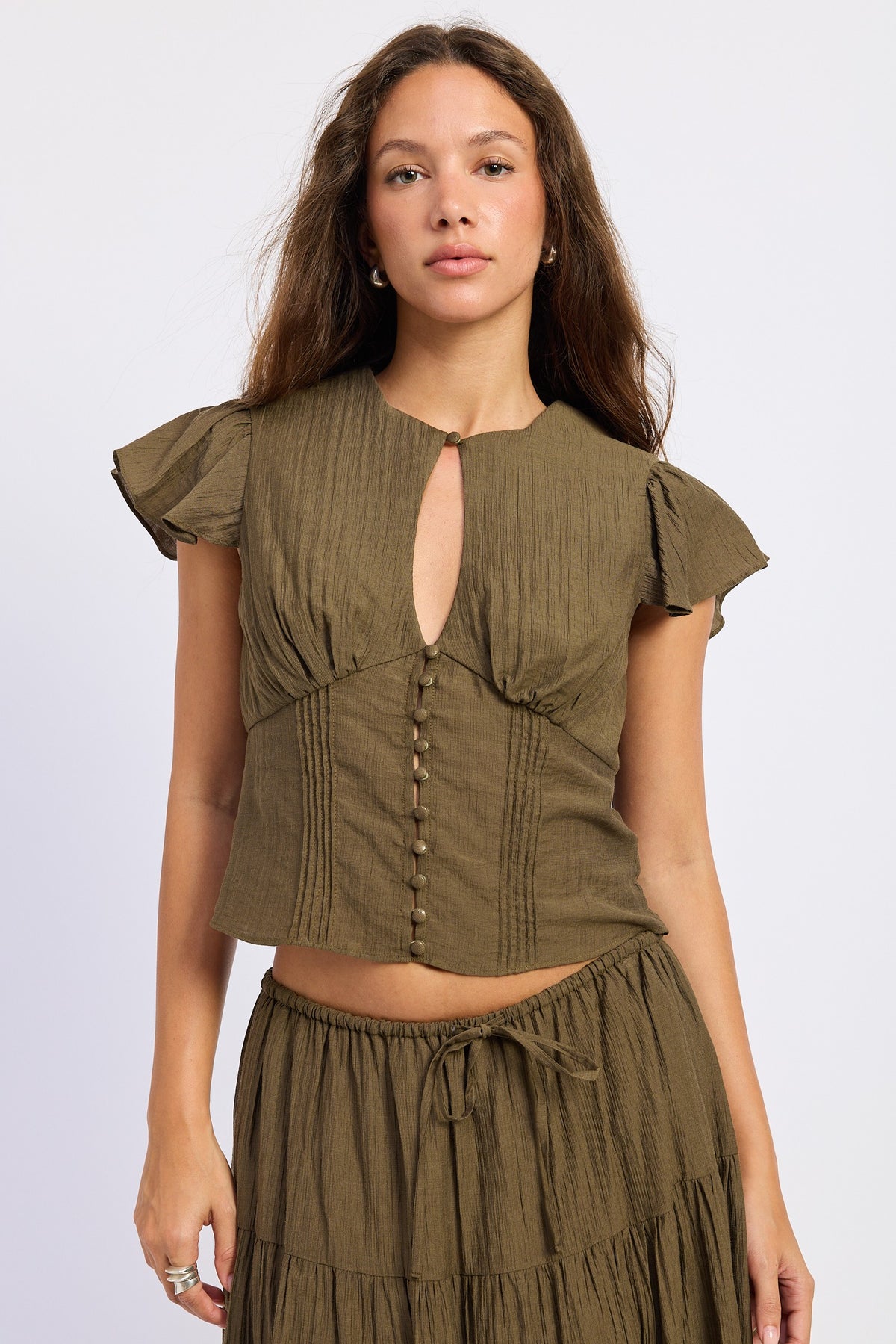 Short Sleeve Button Front Scarf Blouse