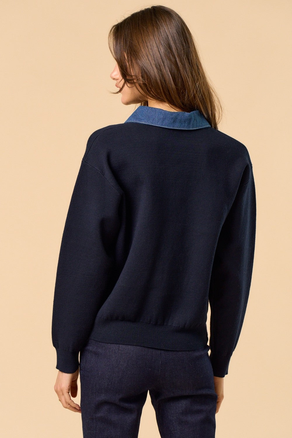Long Sleeve Sweater With Denim Collar