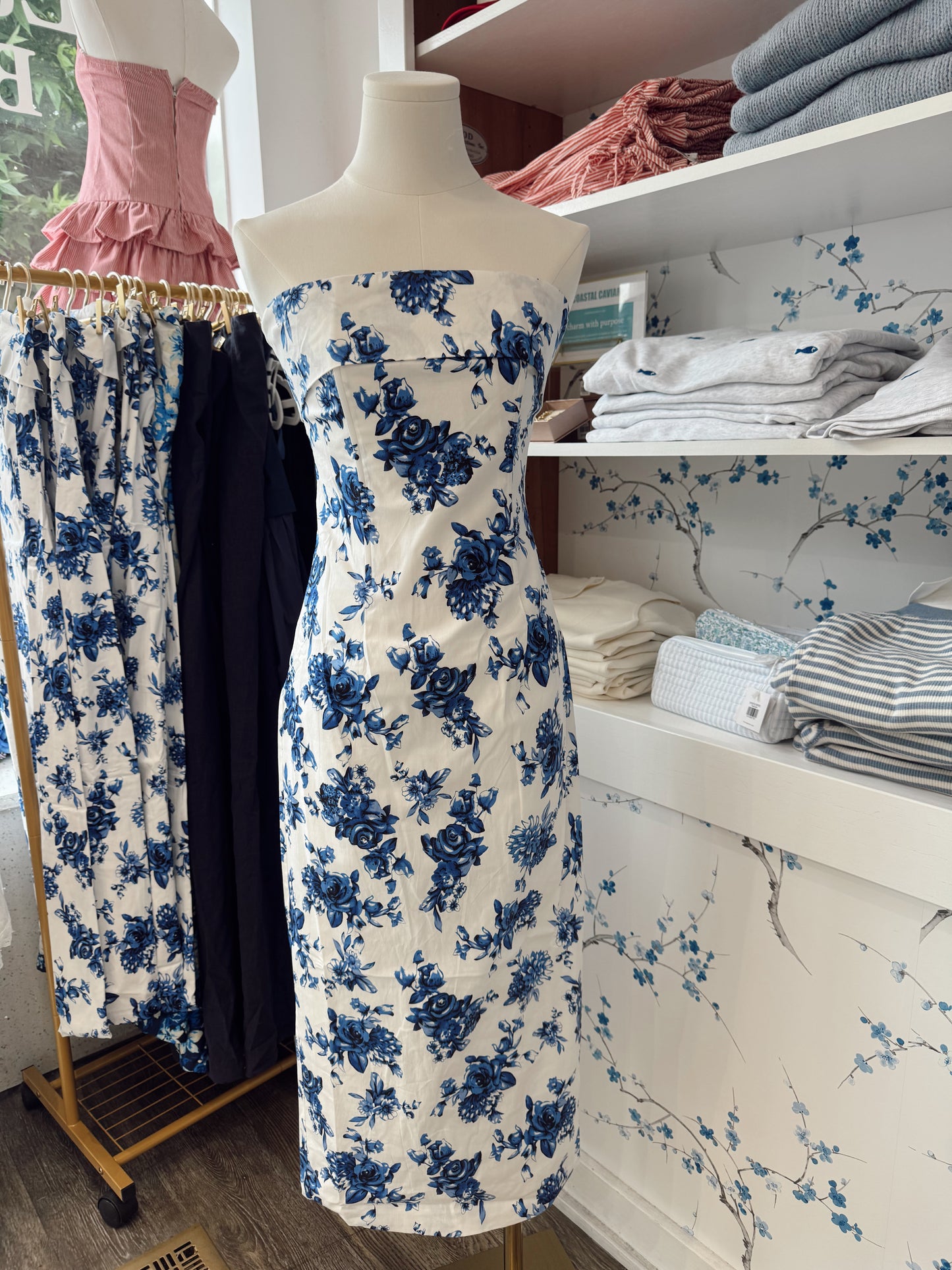 Strapless Floral Midi Dress