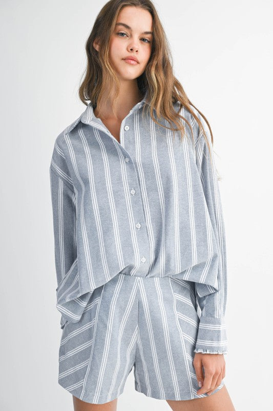 Pin Stripe Button Down Shirt Top And Shorts Set