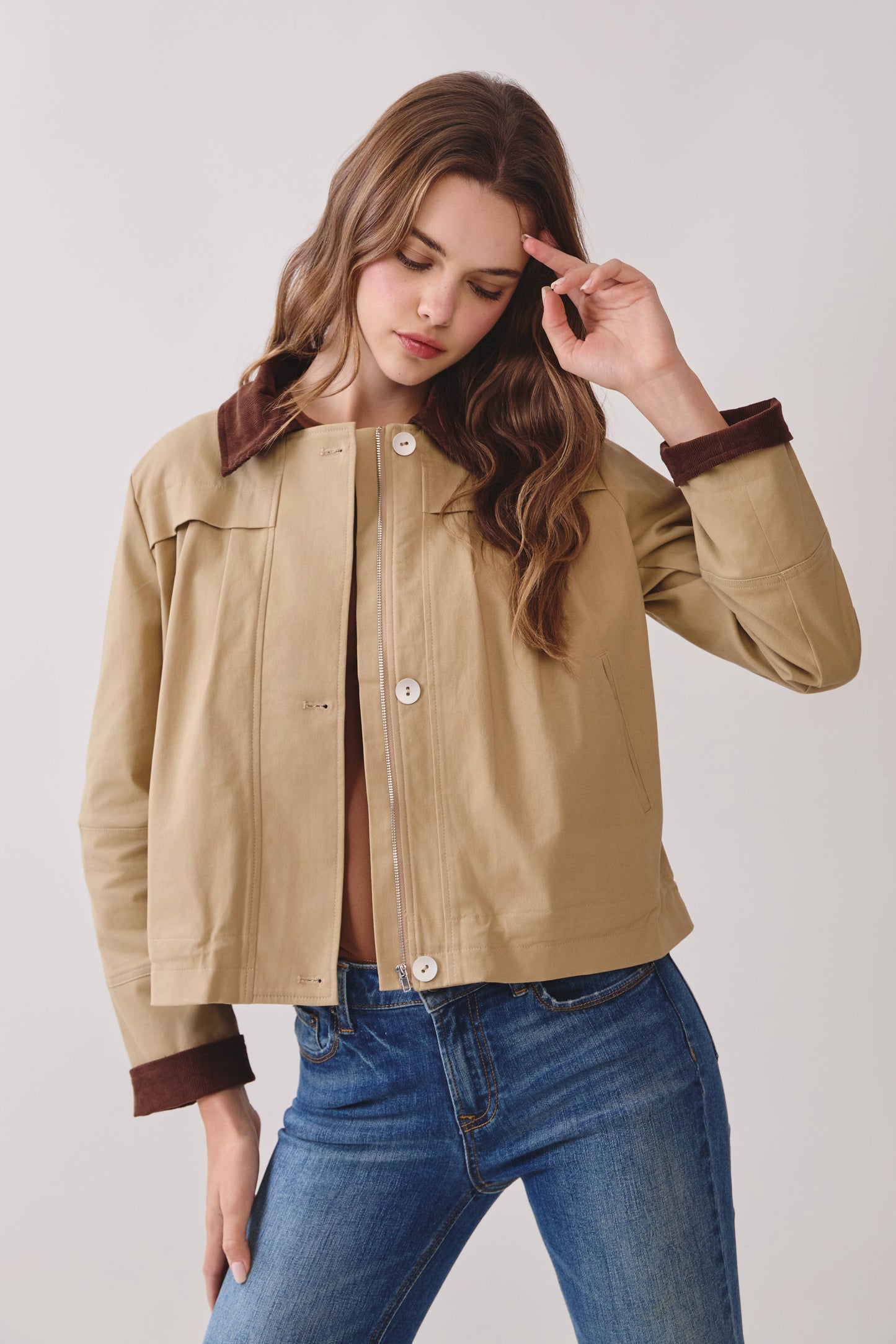 Contrast Corduroy Zip Up Front Cropped Jacket