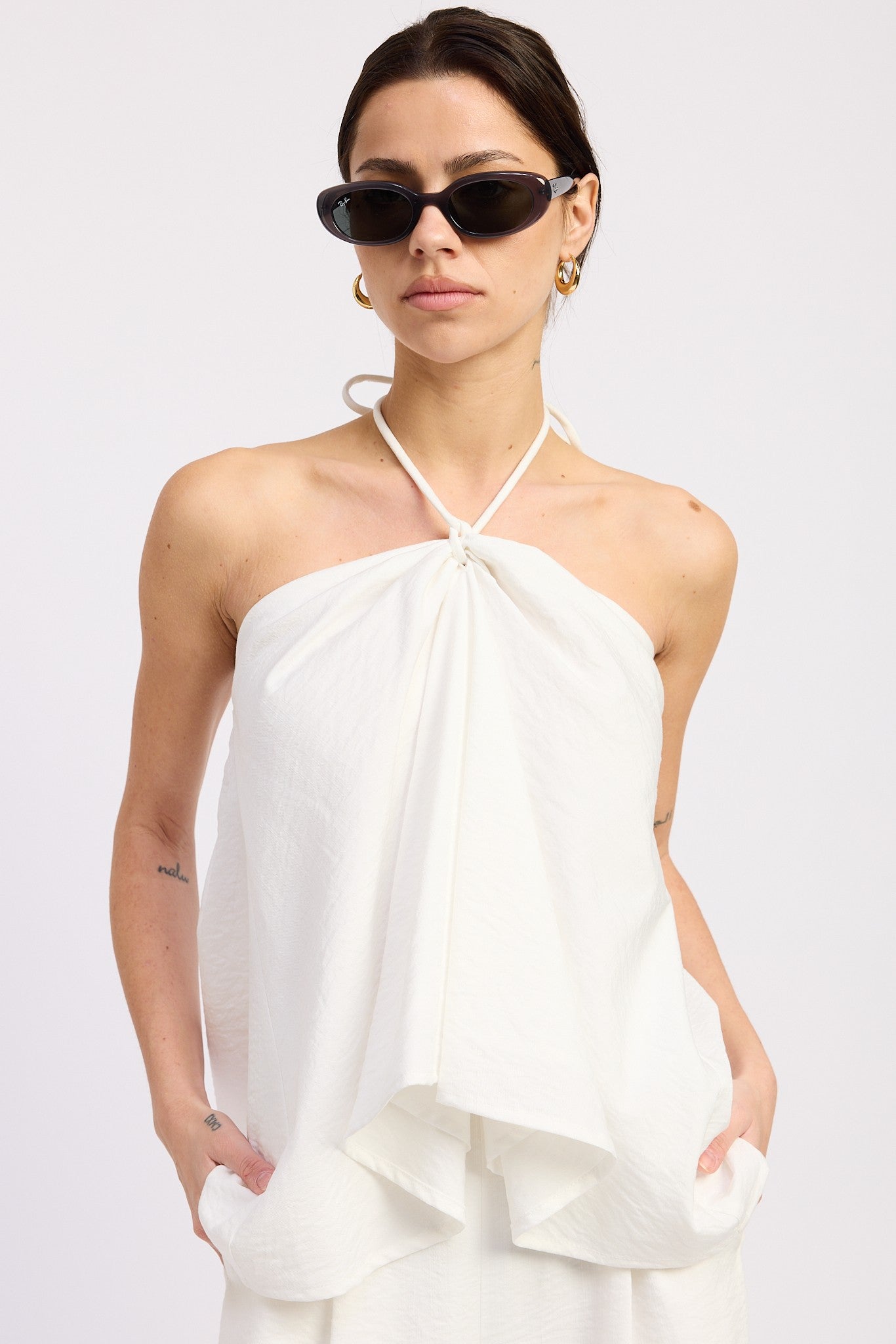Linen Halter Tank With Neck Tie