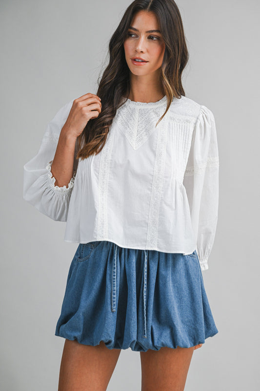 Lace Trim Cotton Pintuck Balloon Sleeve Blouse