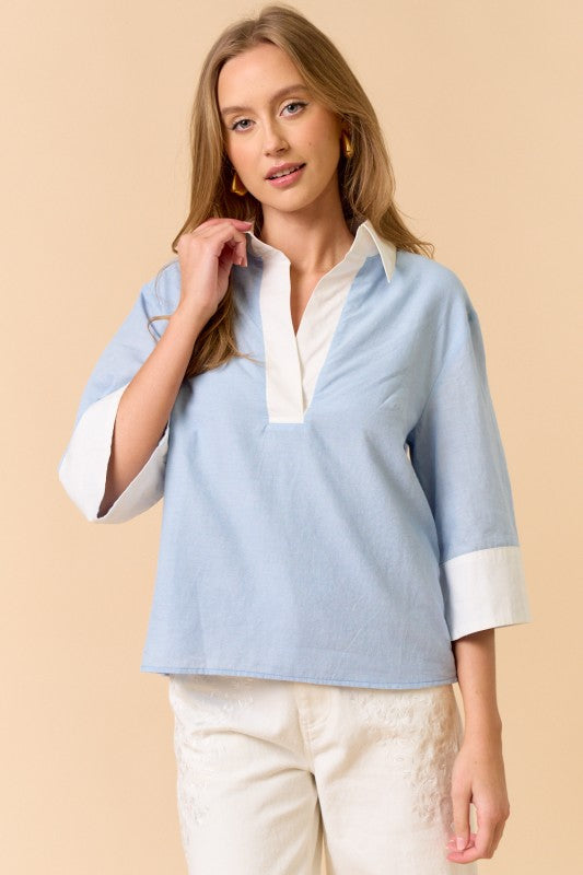 Color Block Half Sleeve Collared Top