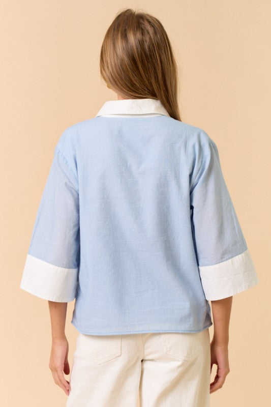 Color Block Half Sleeve Collared Top