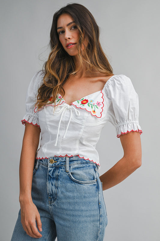 Embroidered Scallop Trim Blouse