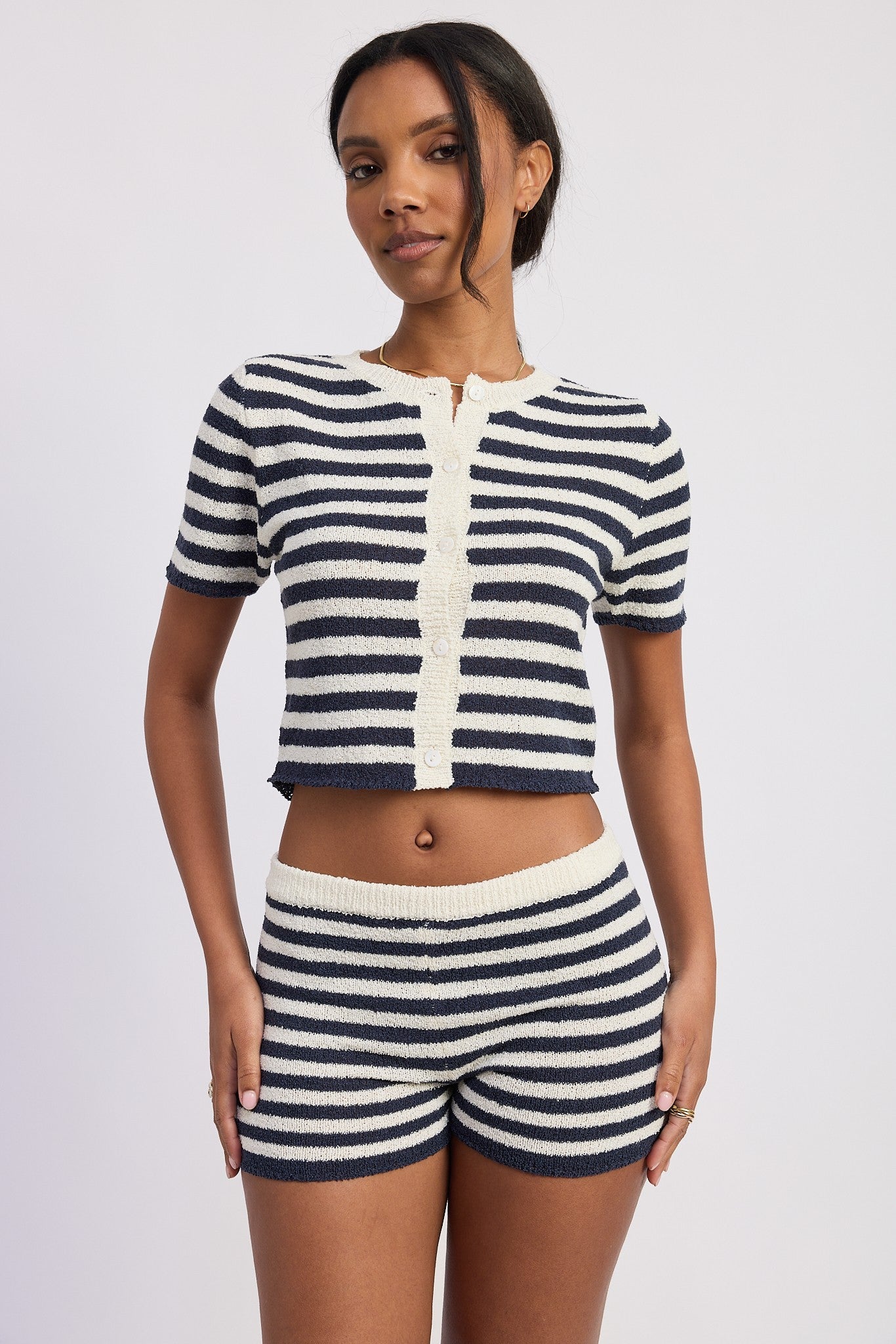 Short Sleeve Knit Button Up Top