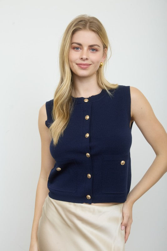 Round Neck Knit Cardigan Vest