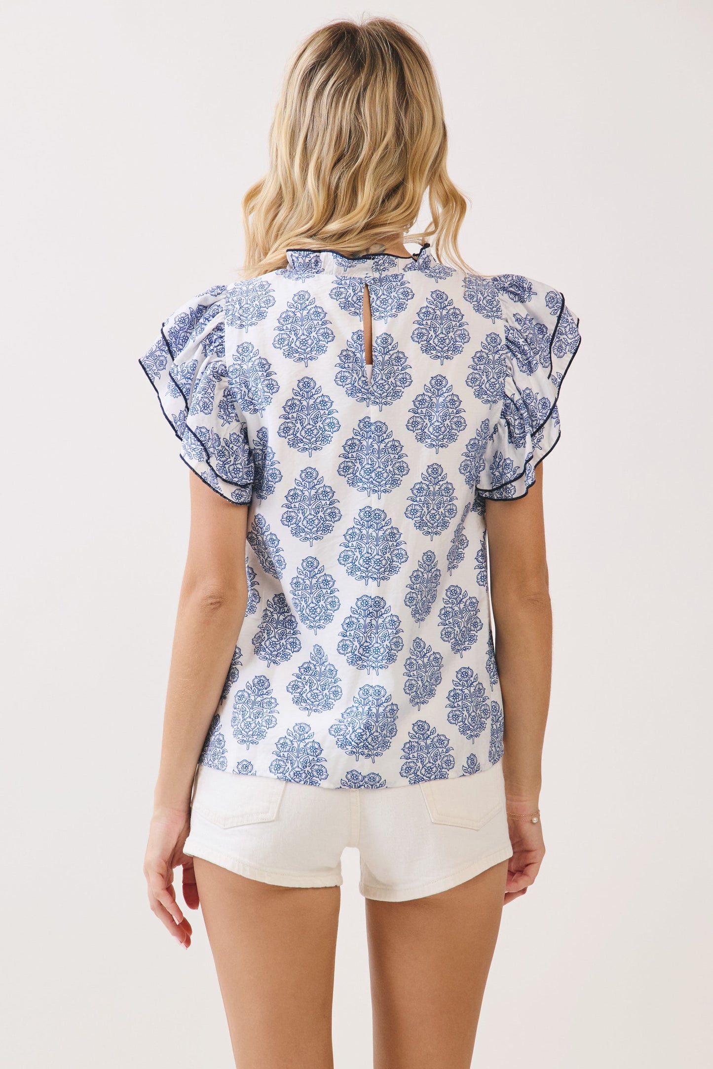 Printed Contrast Trim Ruffle Sleeve Blouse
