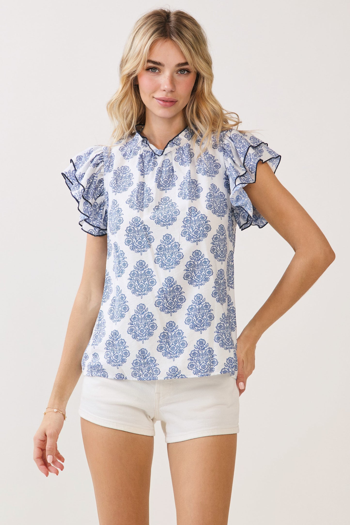 Printed Contrast Trim Ruffle Sleeve Blouse