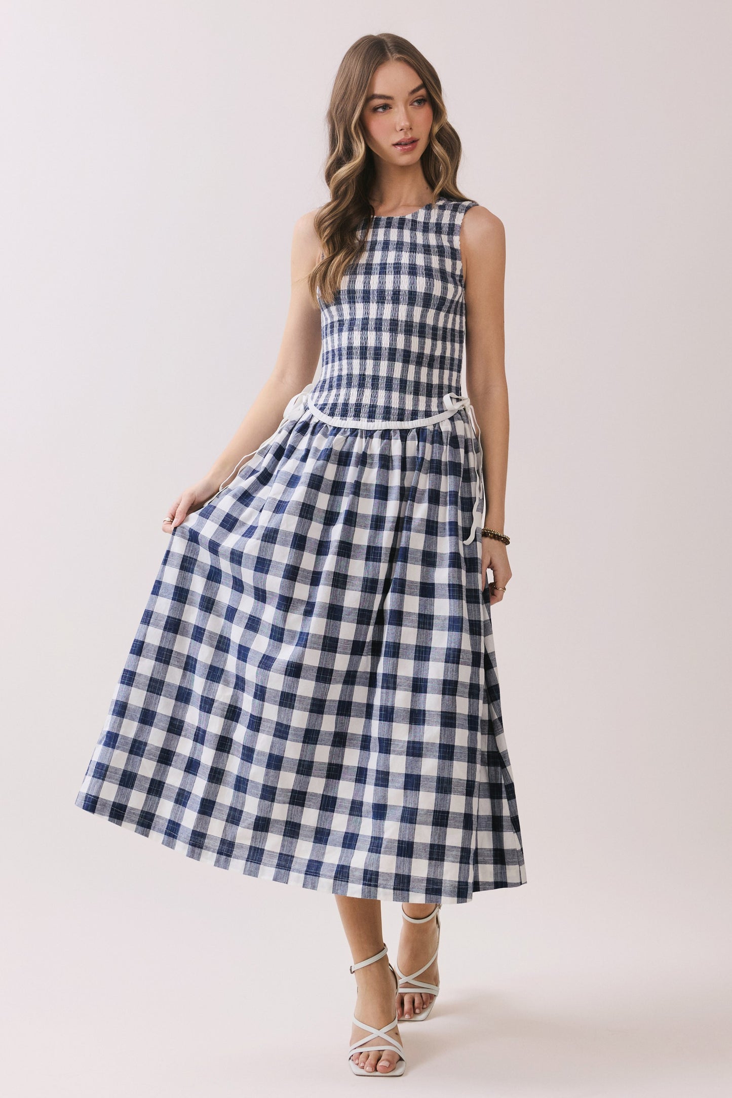 Gingham Sleeveless Midi Dress With Side Tie Detail