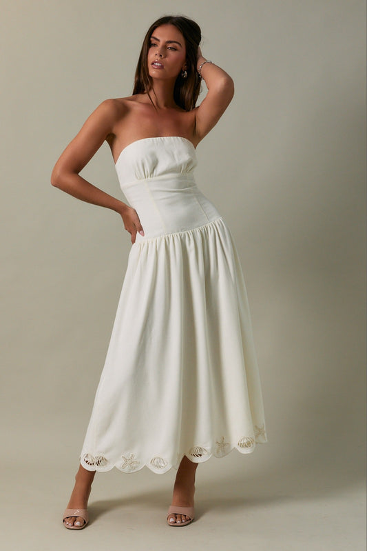 Embroidered Scallop Hem Tube Midi Dress