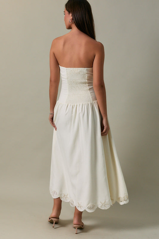 Embroidered Scallop Hem Tube Midi Dress