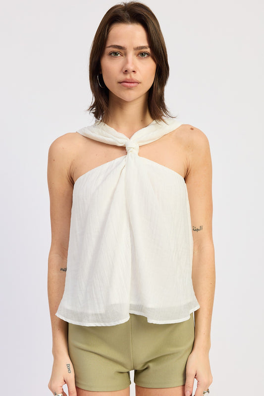 Crinkle Linen Top With Front Tie