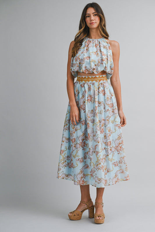 Print Halter Neck Crop Top And Midi Skirt Set