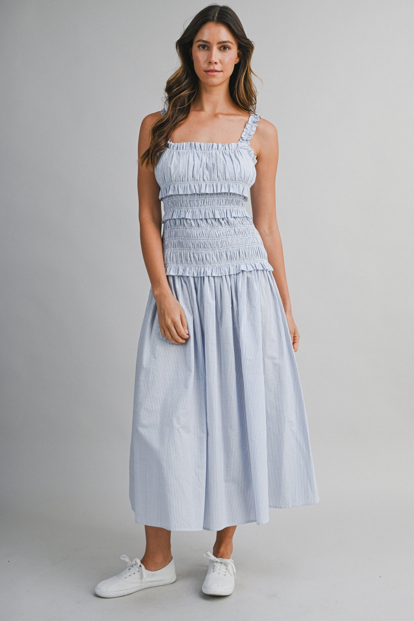 Striped Ruffle Smock Midi Dress