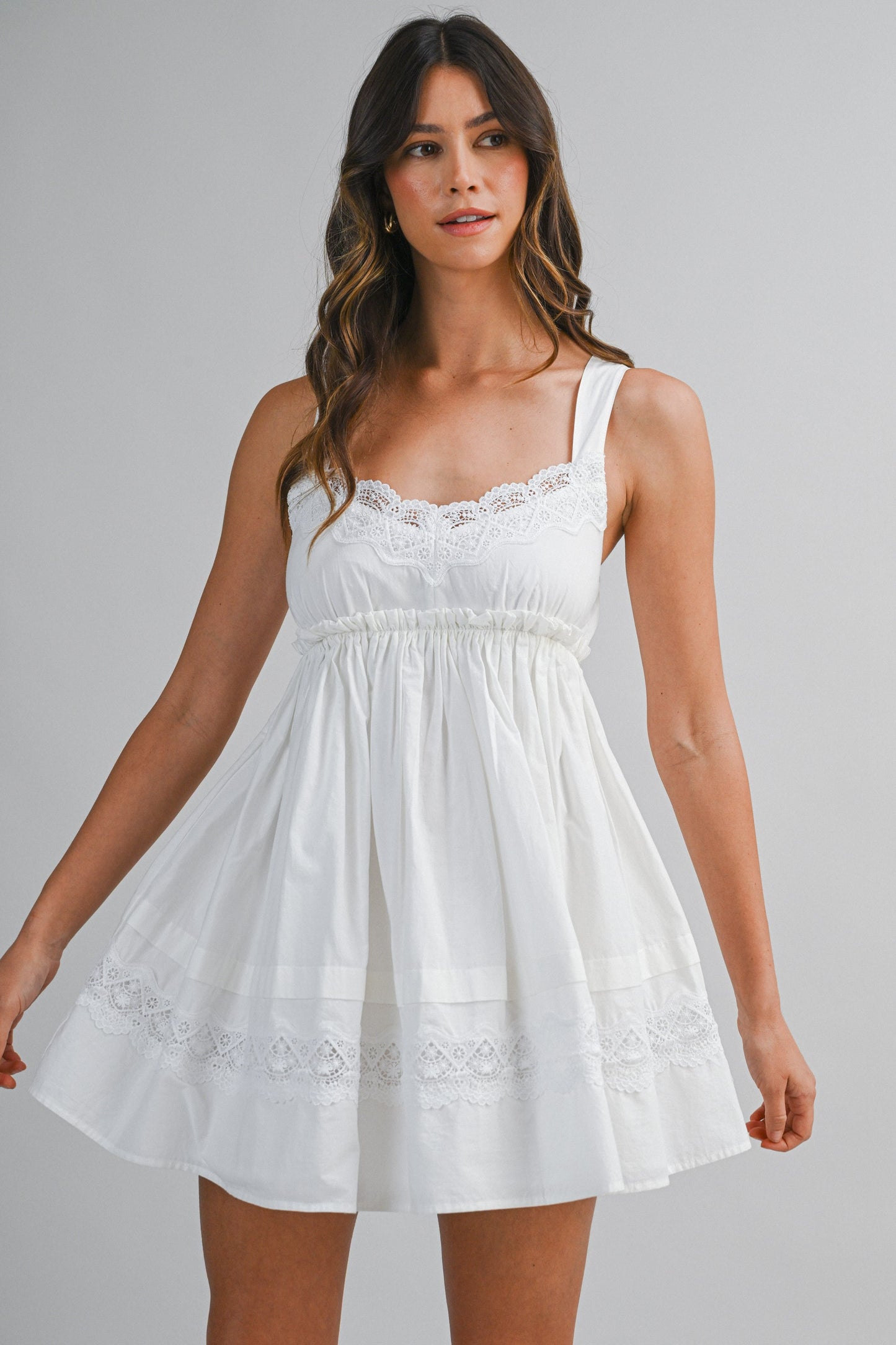Eyelet Lace Trim Gathered Empire Waist Mini Dress