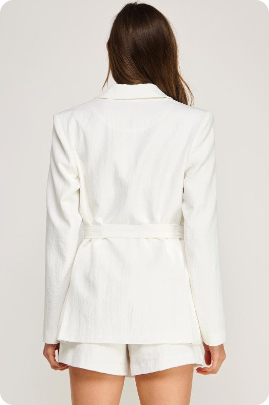 Flower Button Relaxed Tie Waist Blazer