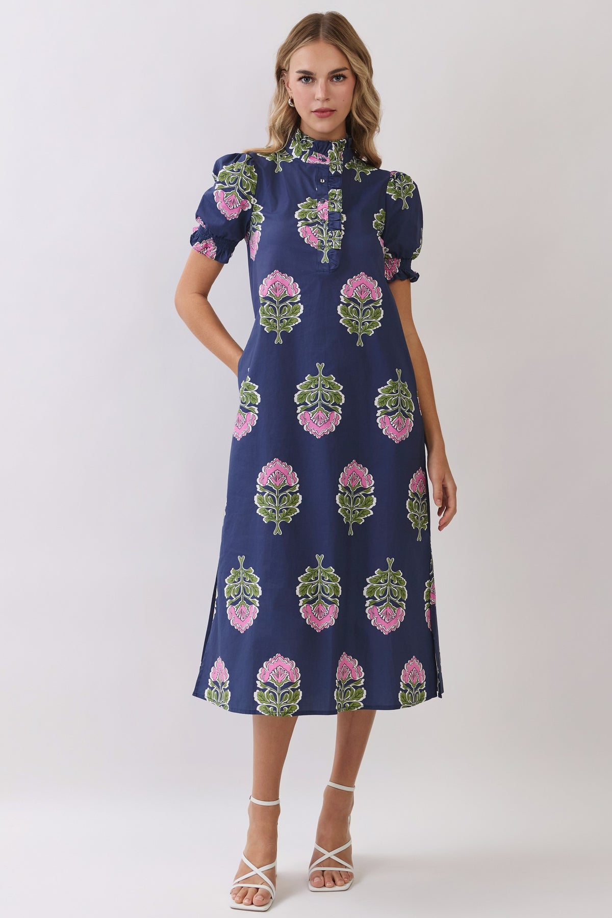 Floral Print Ruffle Collar Button Down Midi Dress