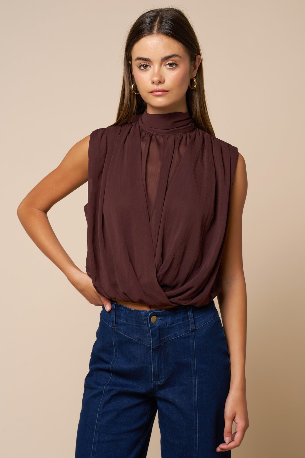 Draped Chiffon Mock Neck Sleeveless Top
