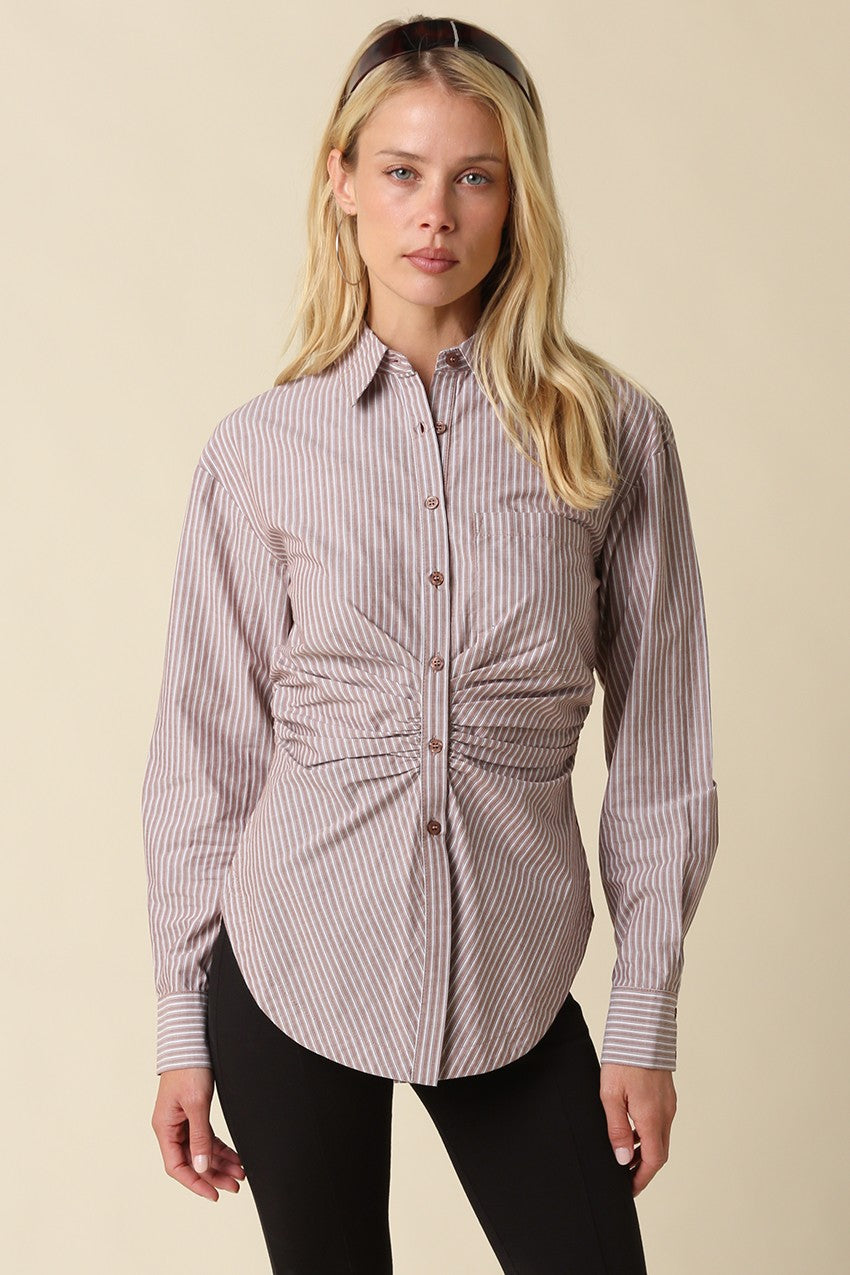 Ella Ruched Stripe Button Down Shirt