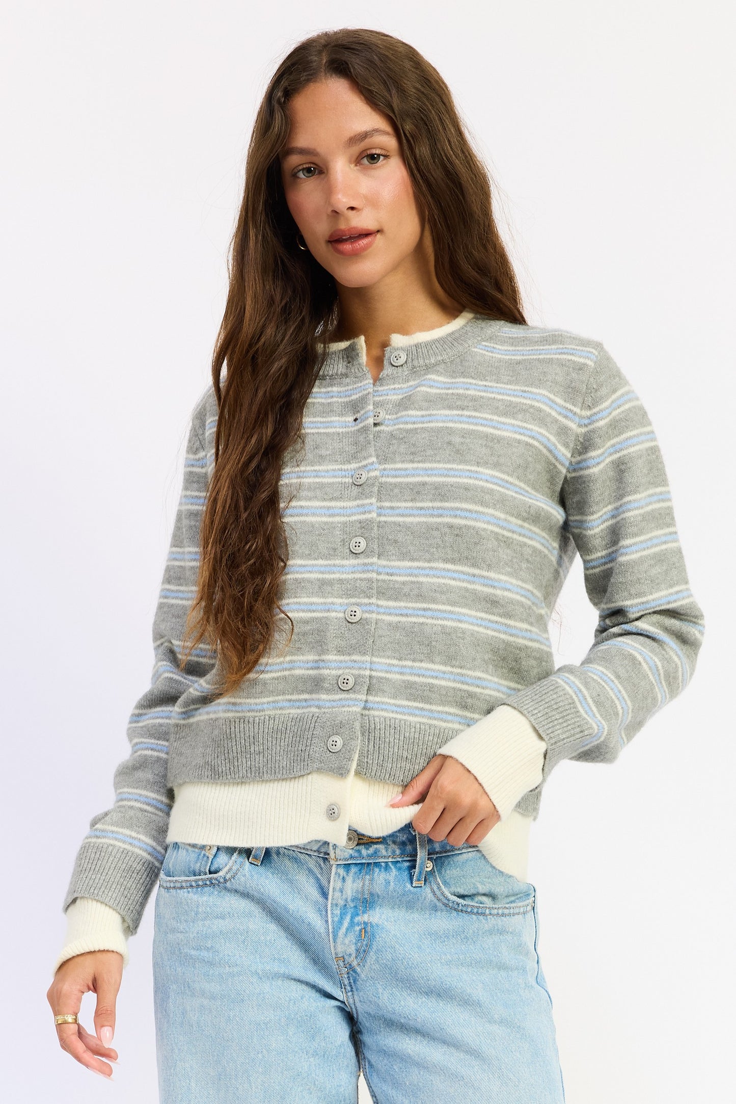 2 Layer Button Up Round Neck Cardigan