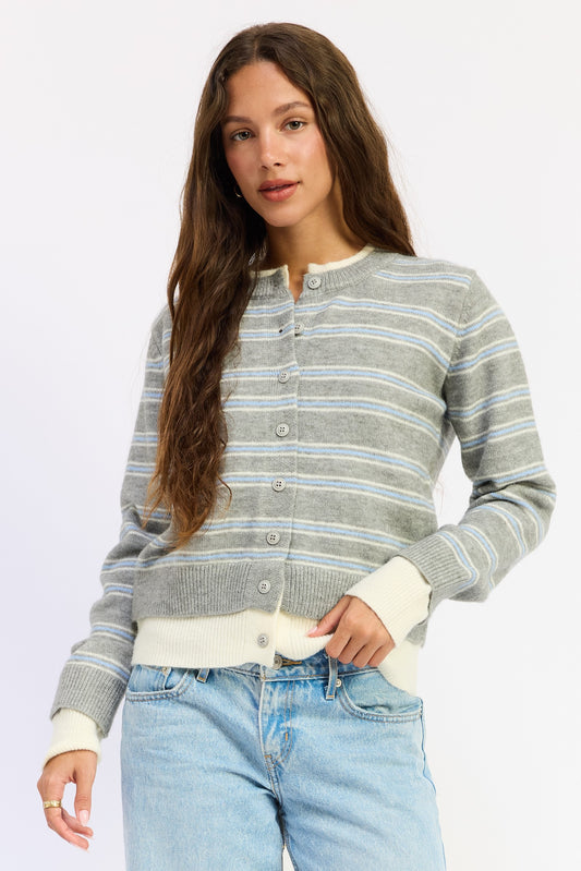 2 Layer Button Up Round Neck Cardigan