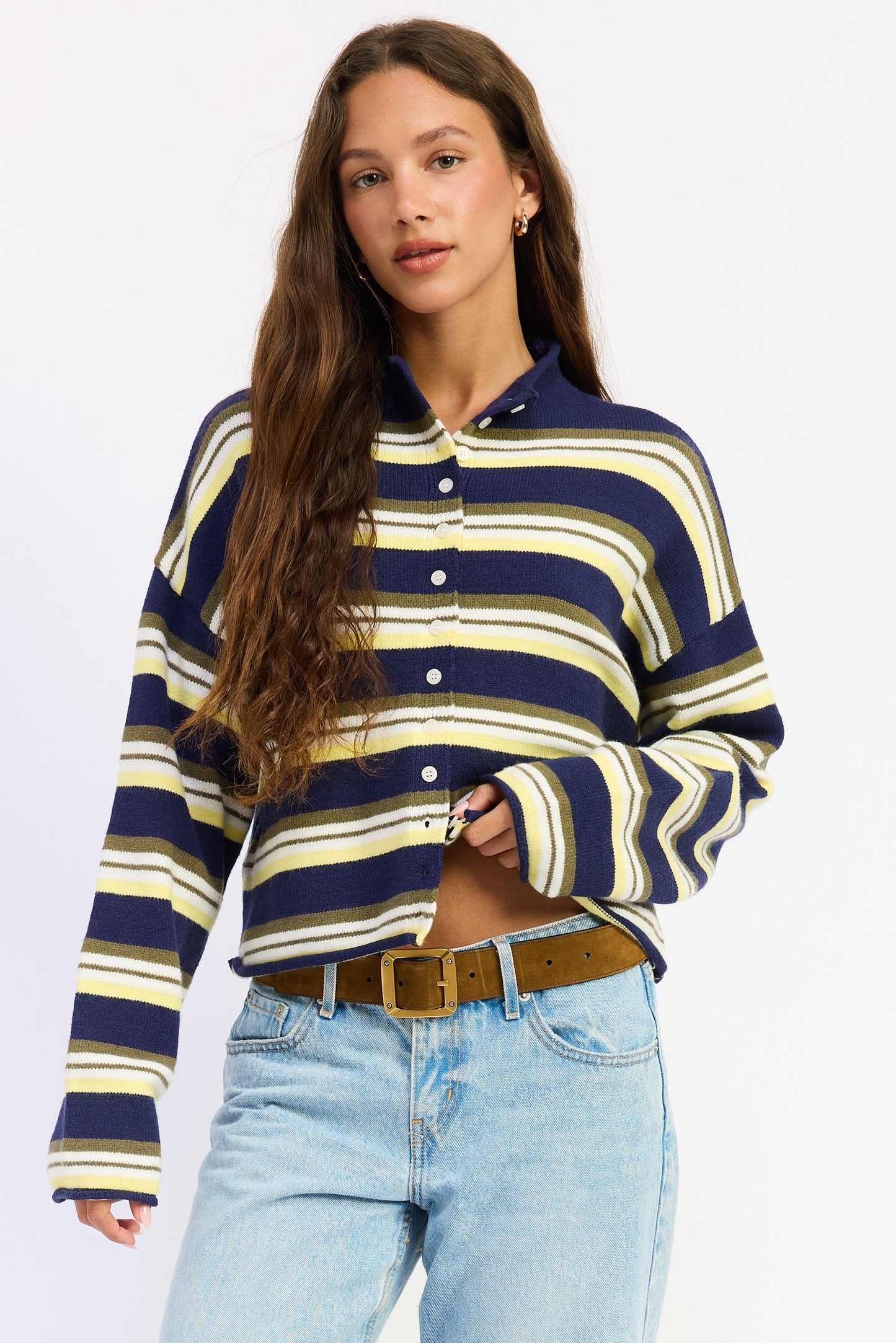 Striped Funnel Neck Cardigan
