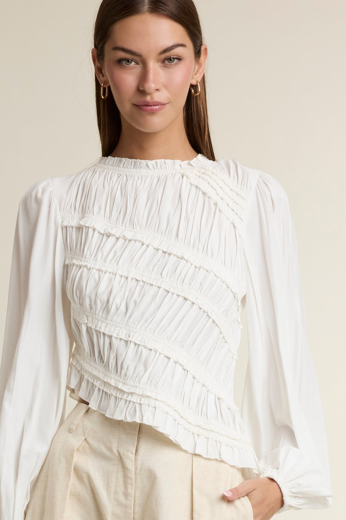Ruched Long Sleeve Round Ruffle Neck Asymmetrical Hem Top