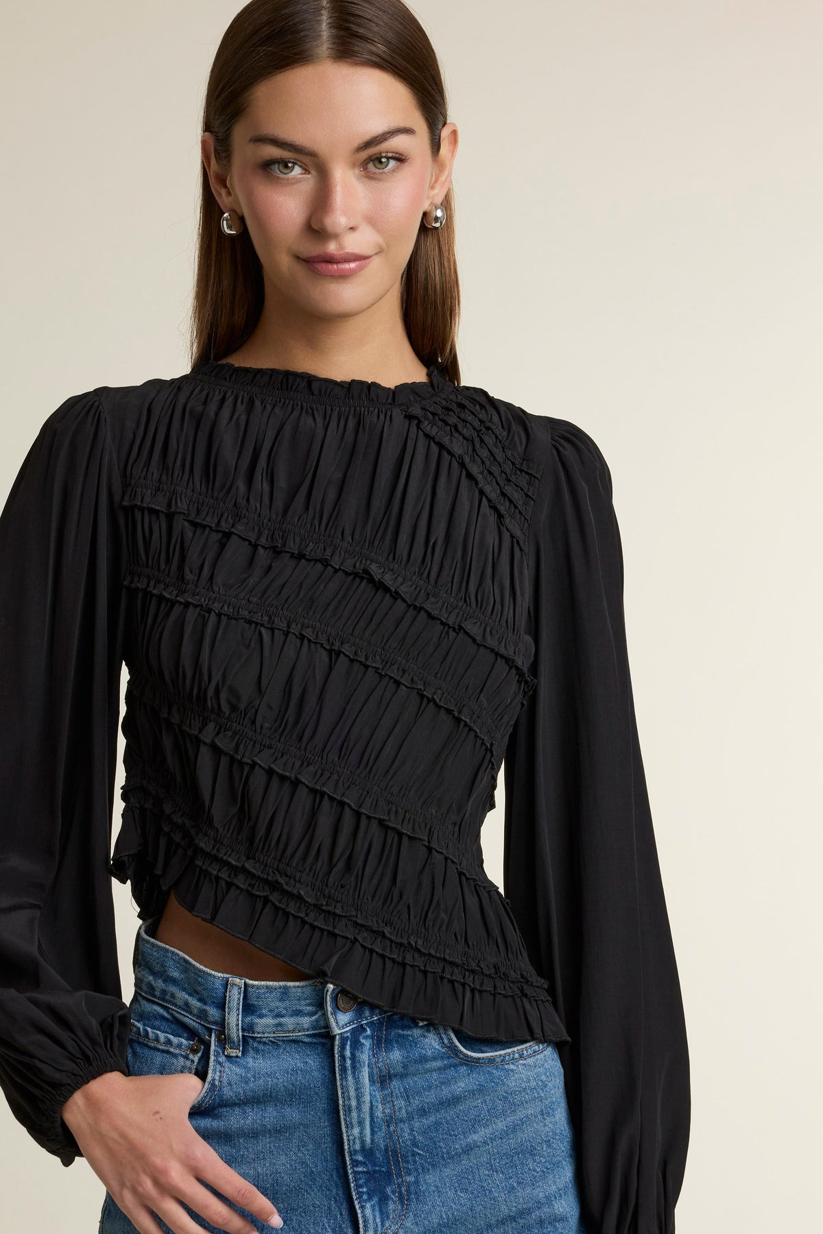 Ruched Long Sleeve Round Ruffle Neck Asymmetrical Hem Top