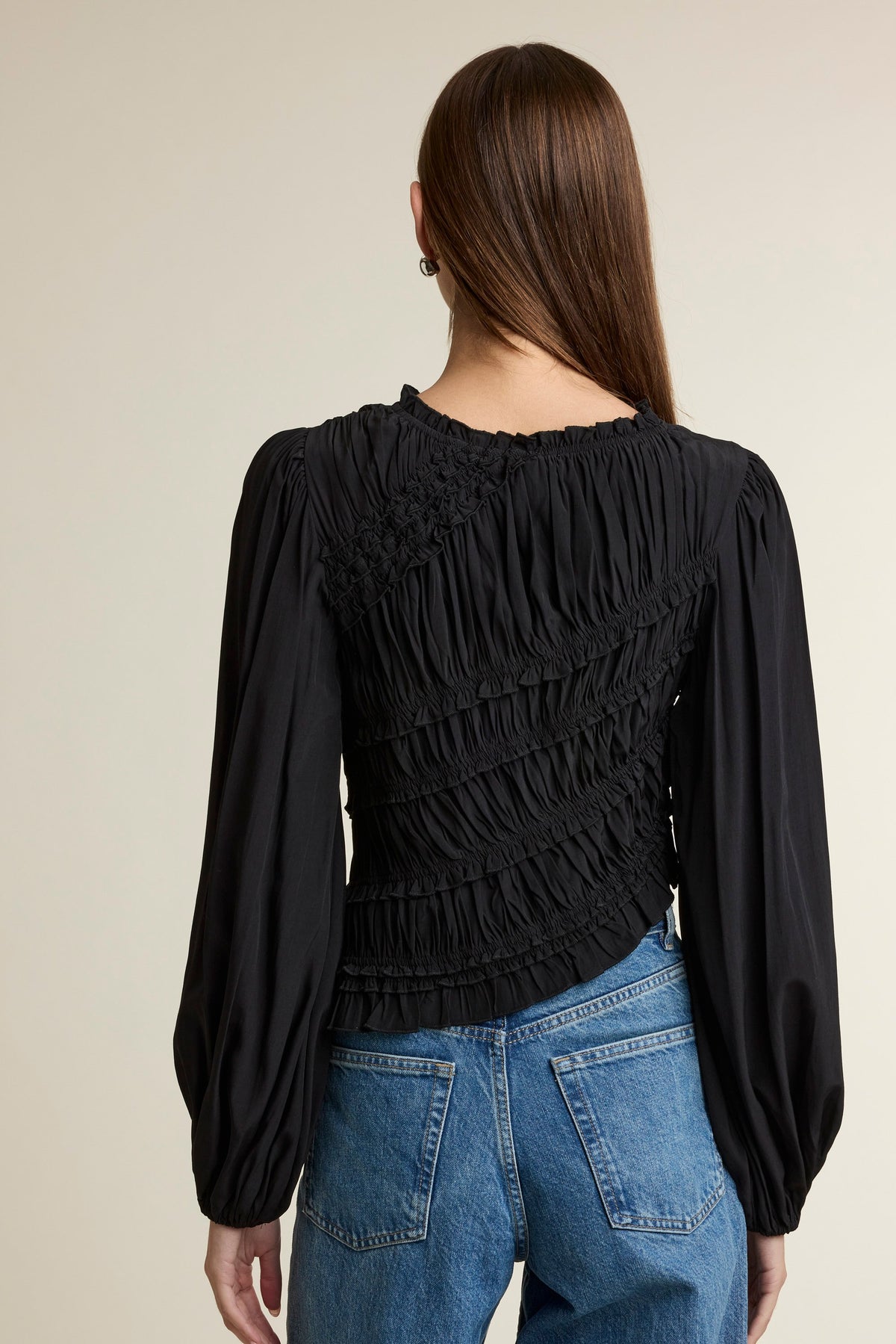 Ruched Long Sleeve Round Ruffle Neck Asymmetrical Hem Top