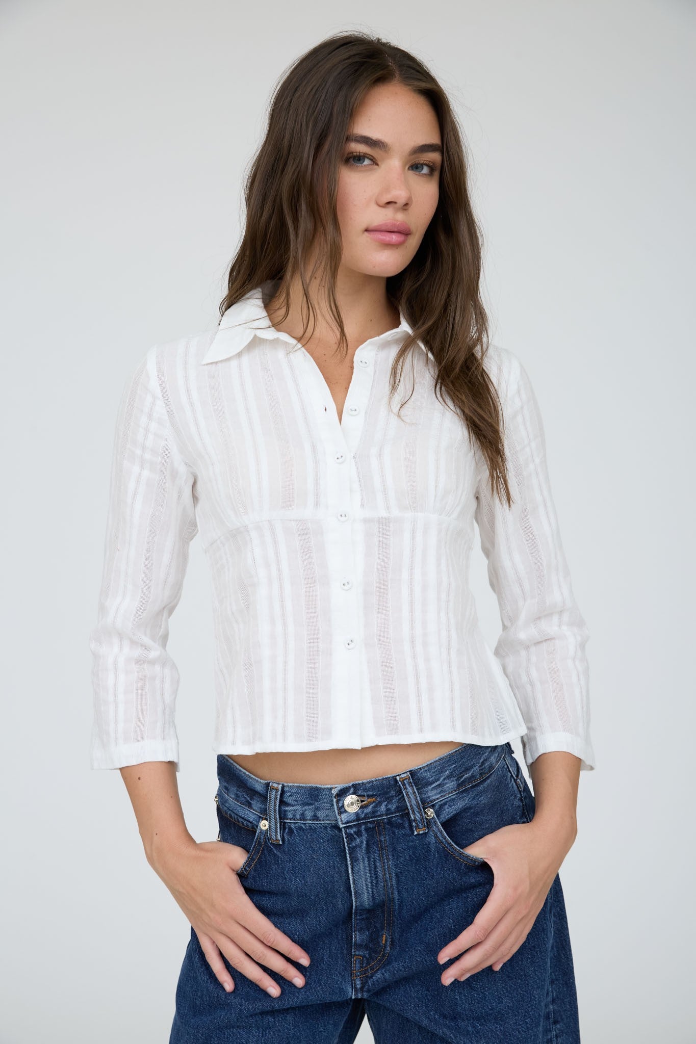 Stripe Collared Long Sleeve Empire Waist Top