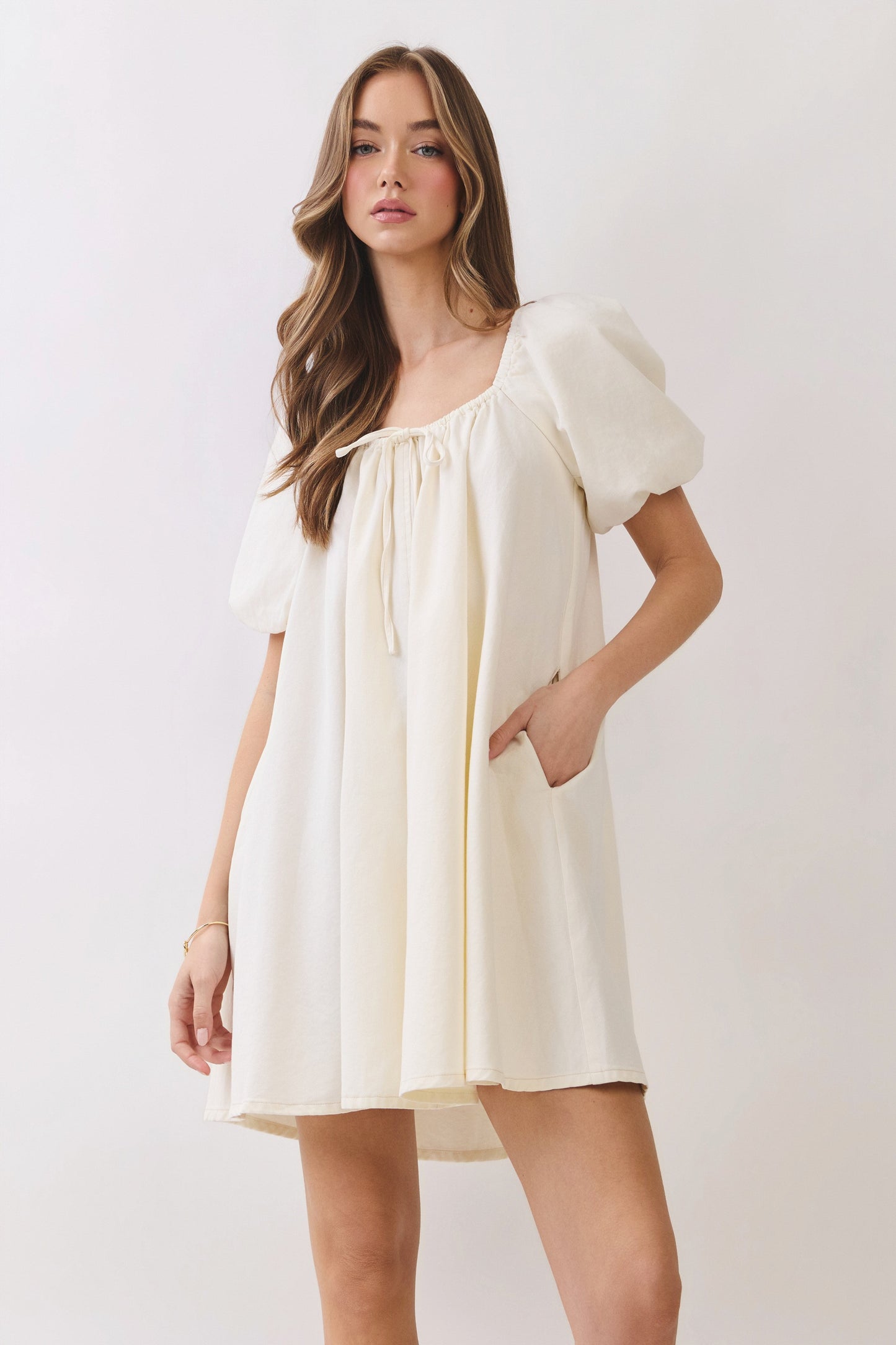 Scoop Neckline Puff Sleeve Babydoll Mini Dress