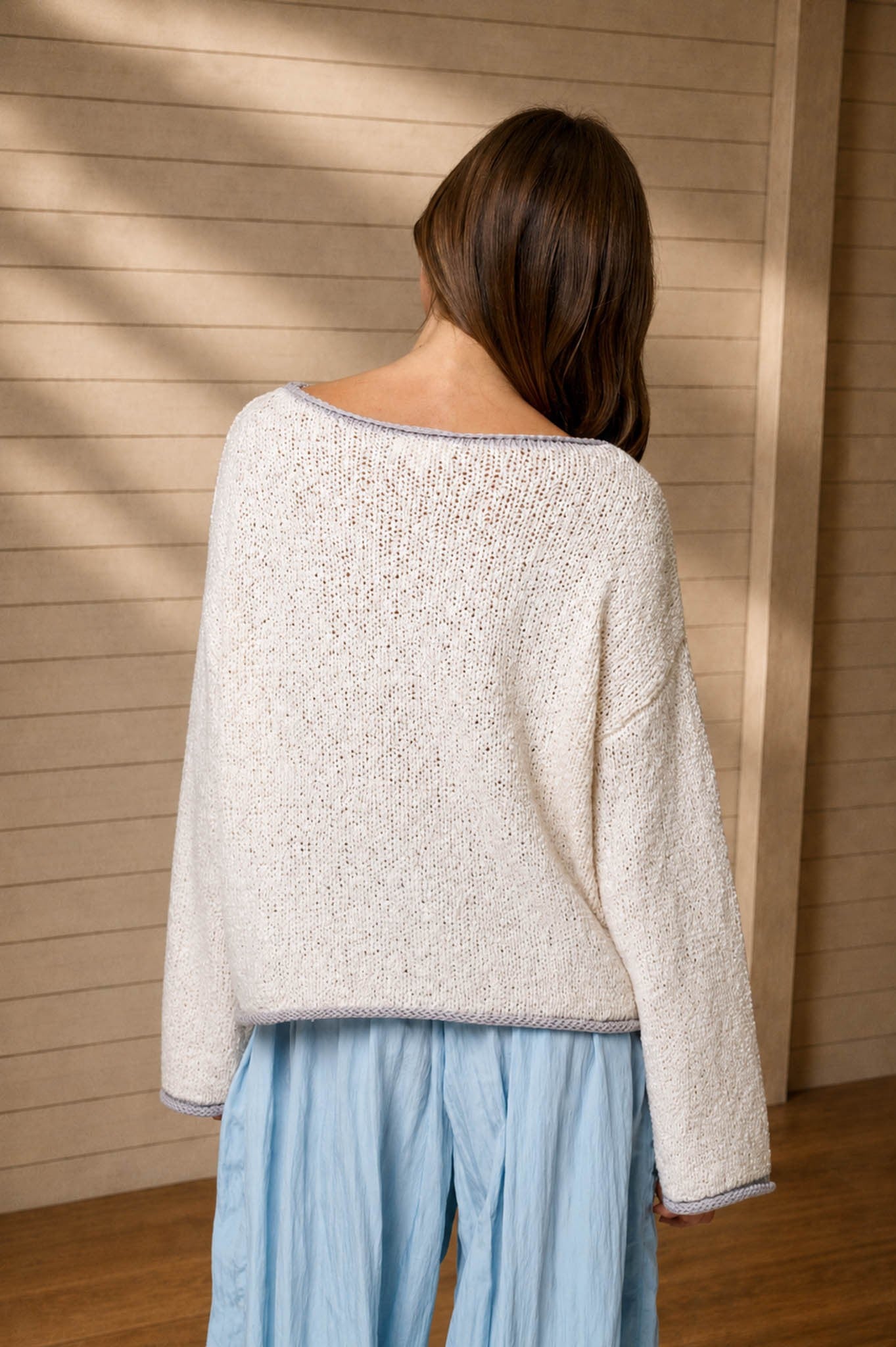 Boat Neck Contrast Trim Knit Sweater