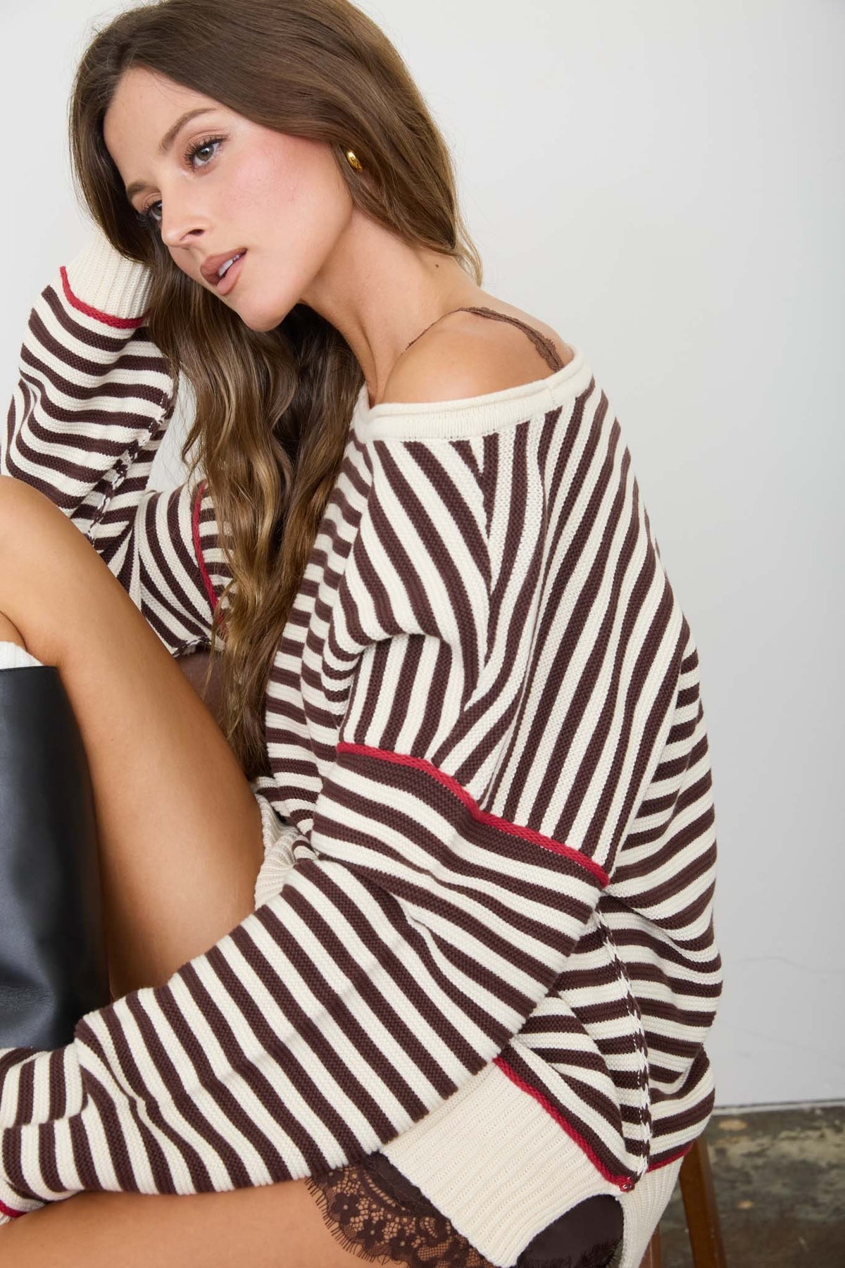 Stripe Contrast Stitch Raw Edge Knit Sweater
