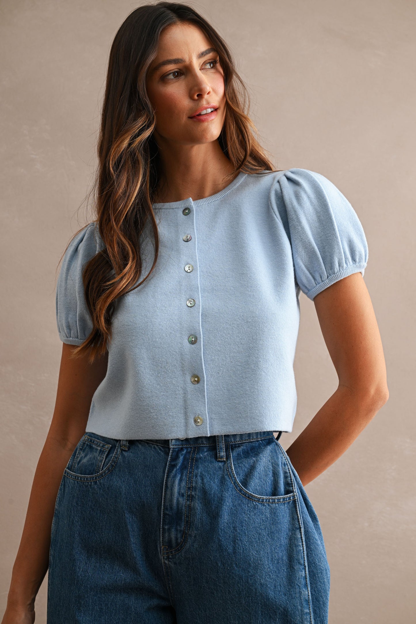 Solid Short Puff Sleeve Button Down Knit Cardigan Top
