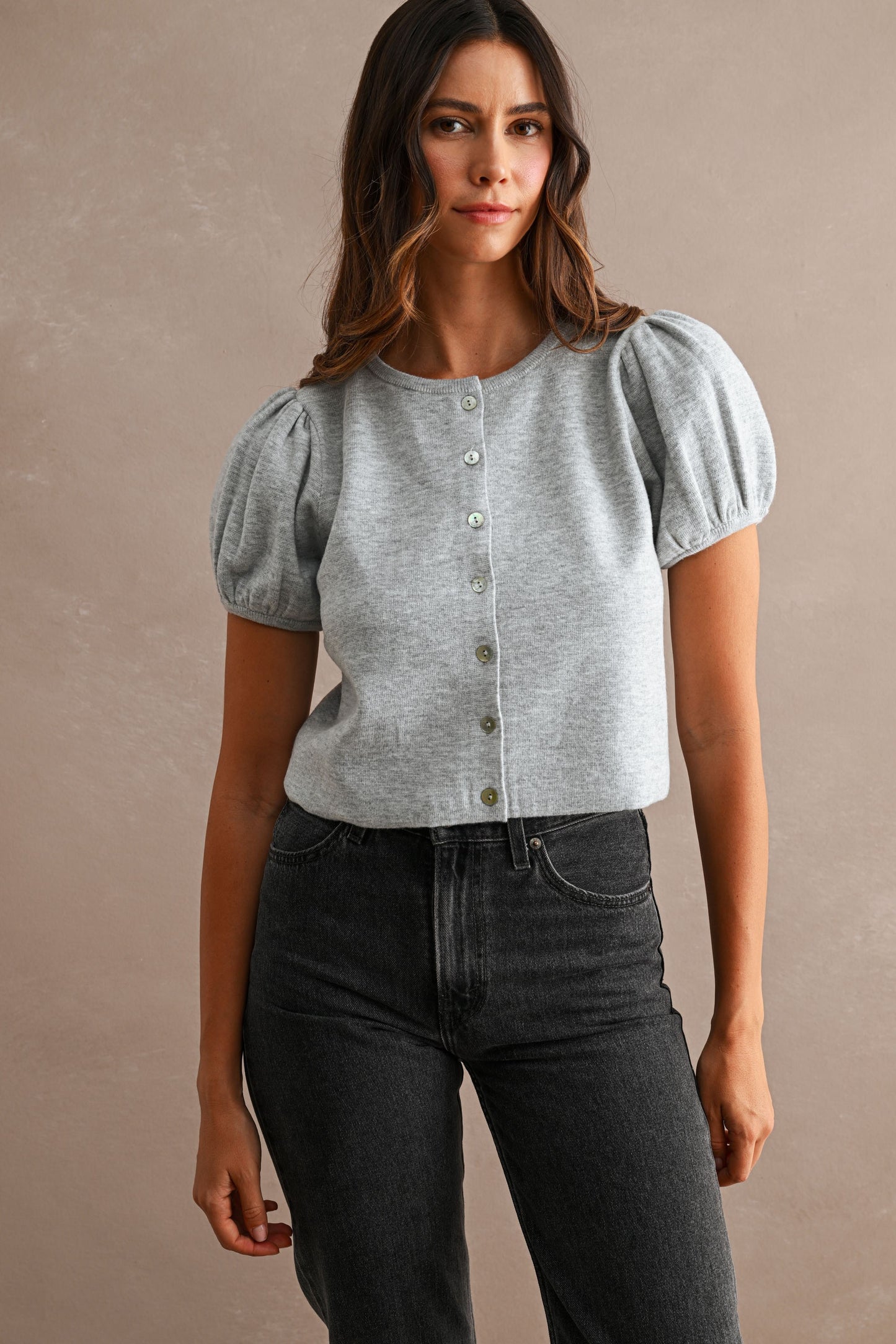 Solid Short Puff Sleeve Button Down Knit Cardigan Top