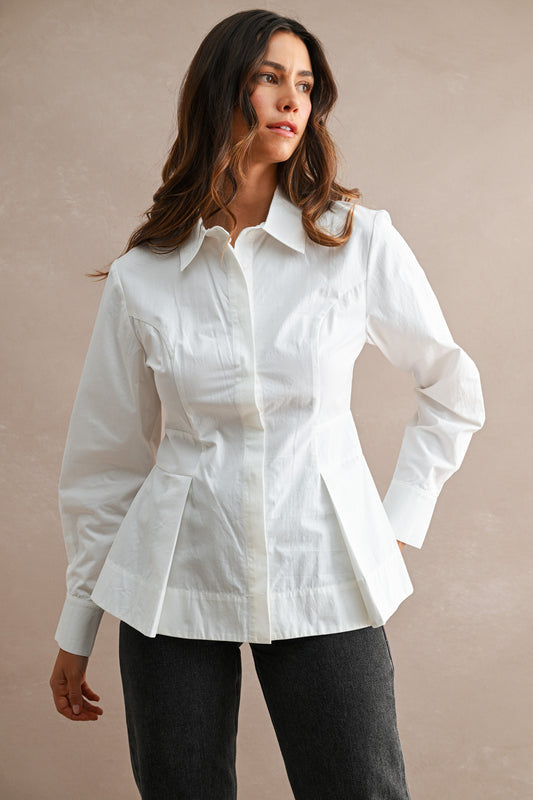Cotton Button Down Pleated Peplum Shirt