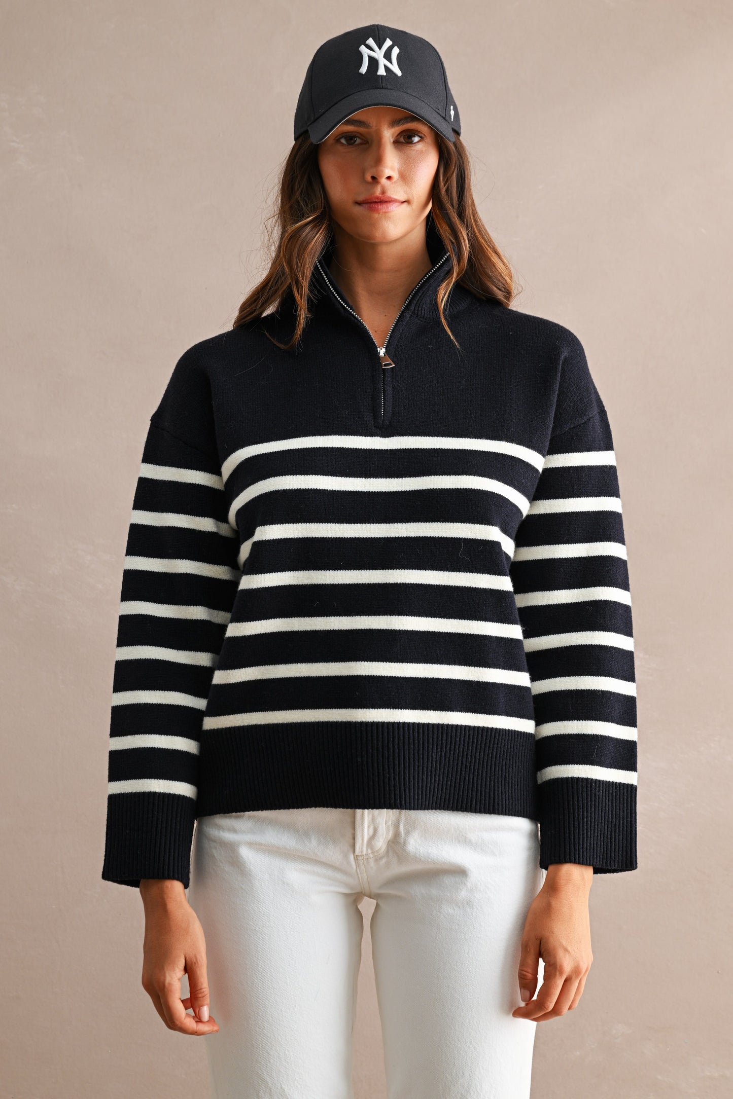 Striped Half-Zip Mock Neck Knit Sweater Top