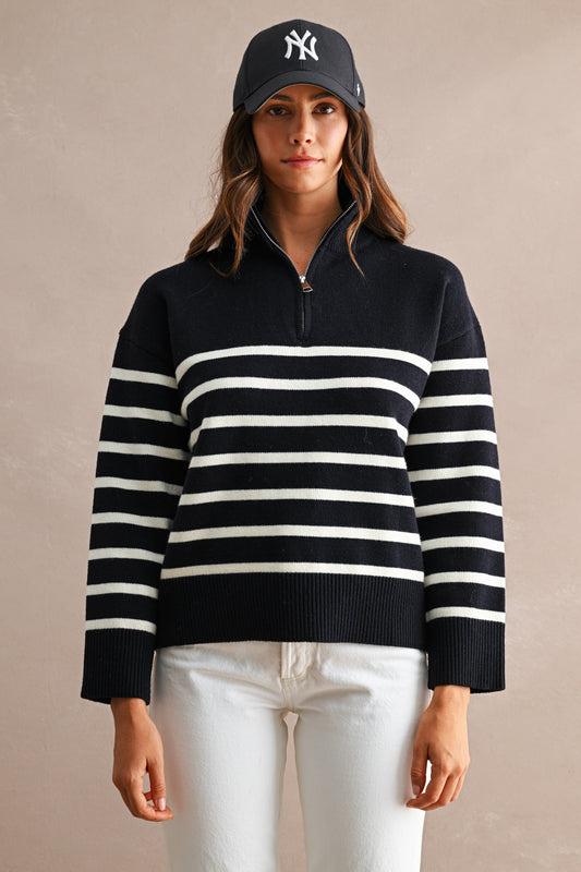 Striped Half-Zip Mock Neck Knit Sweater Top