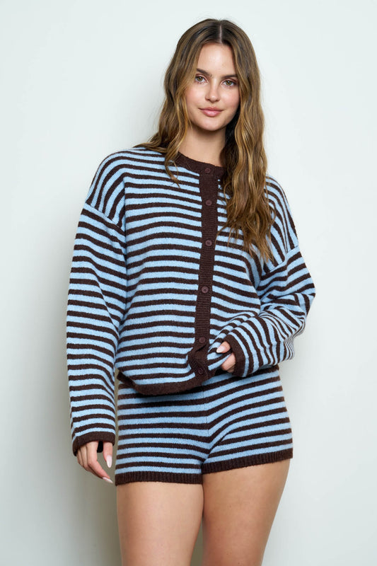 Striped Button Down Long Sleeve Contrast Cardigan