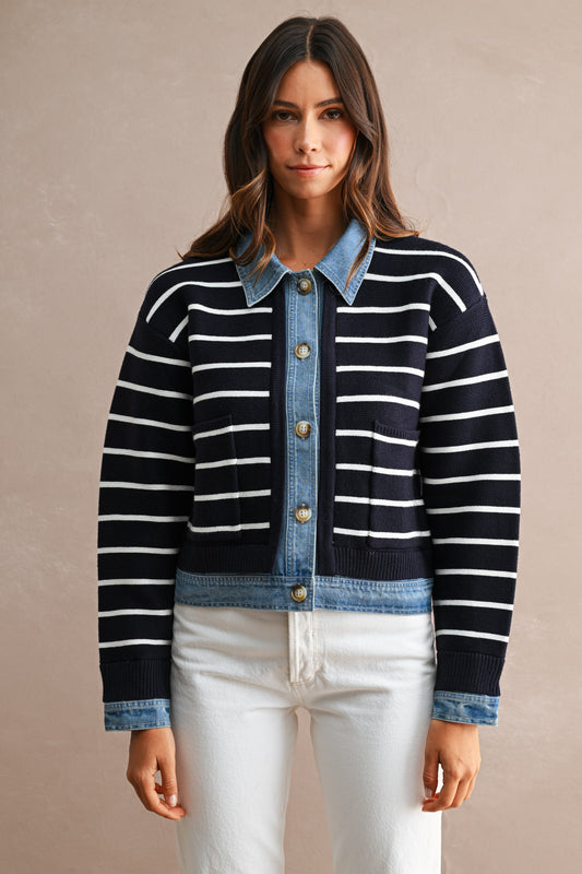 Stripe Knit And Denim Mix Button Down Cardigan