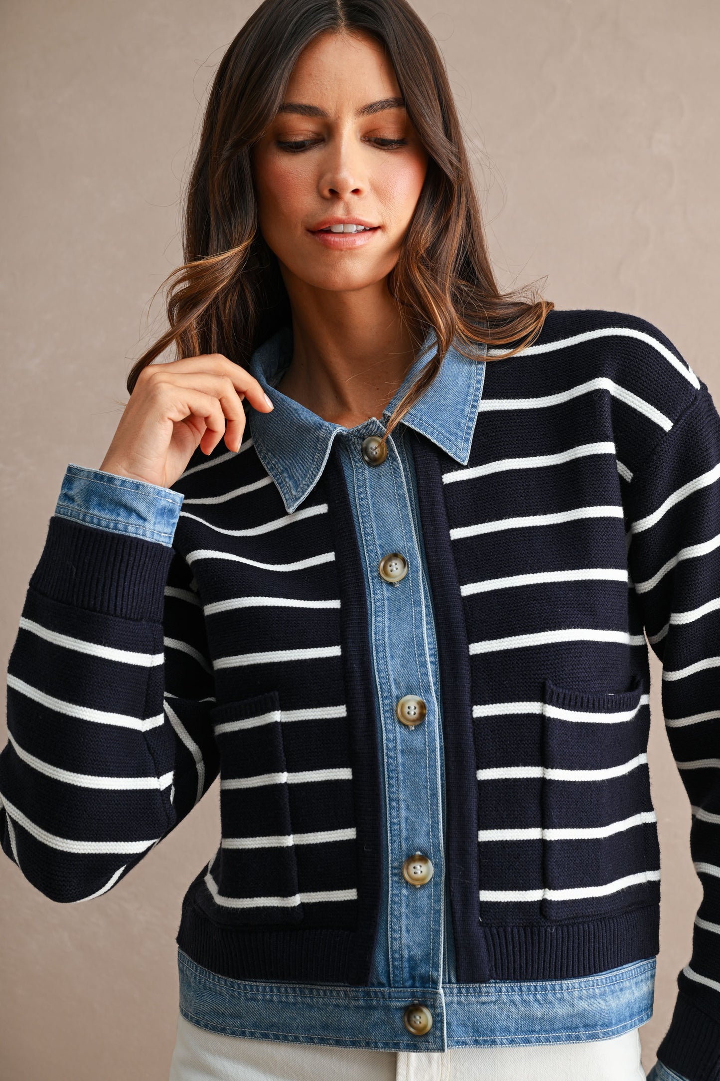 Stripe Knit And Denim Mix Button Down Cardigan